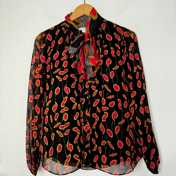 Diane Von Furstenberg Havanah Print Silk Tie Neck Button Blouse Size 4 - Picture 7 of 13